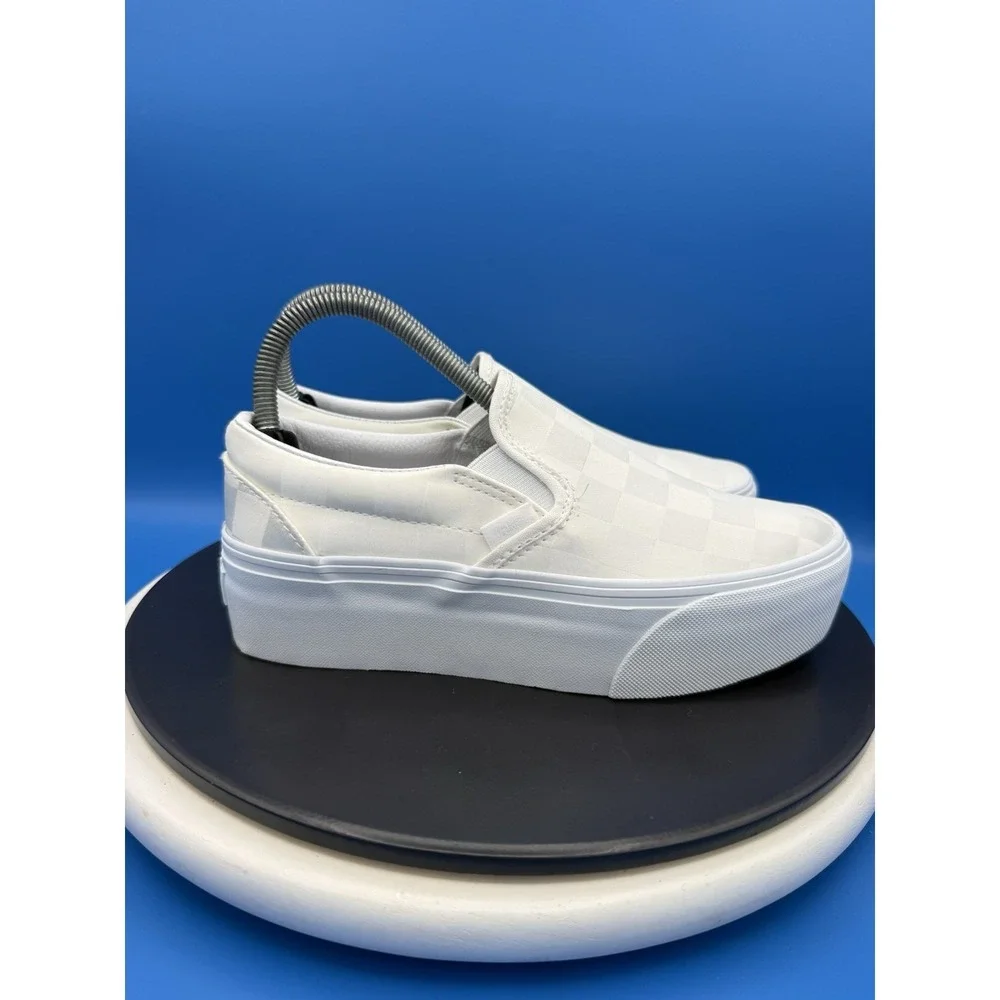 Vans Classic Slip On Stackform Checkerboard Women 7 White Ivory Platform Shoes